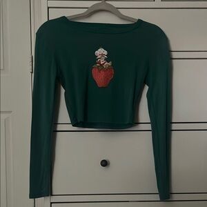 Green Long Sleeve Top with Strawberry Chef Design